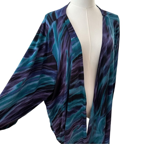 Maggie Barnes Women's 4X Art Wear Plus Purple Teal Swirl Open Front Blouse Top - Picture 2 of 8